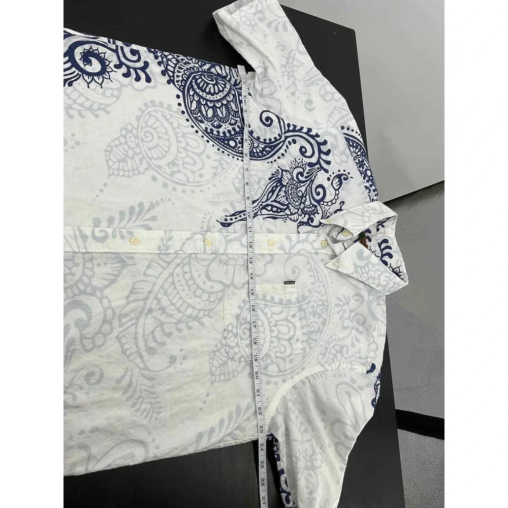 Majun Japan Mens 3L Short Sleeve Paisley Floral Jacquard Button Down Shirt White